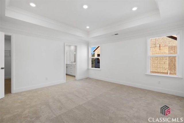 unfurnished bedroom with ensuite bathroom, ornamental molding, a spacious closet, light colored carpet, and a raised ceiling