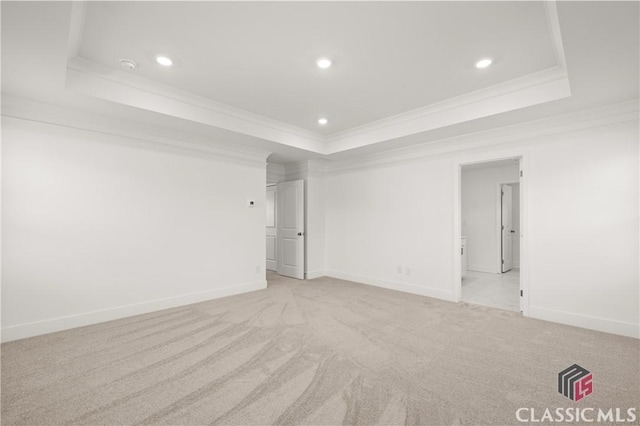 carpeted spare room featuring crown molding and a tray ceiling