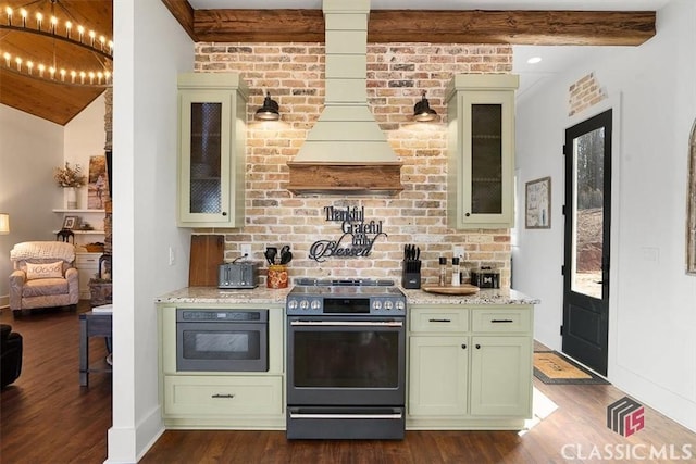 kitchen featuring oven, dark hardwood / wood-style flooring, high end range, green cabinets, and light stone counters