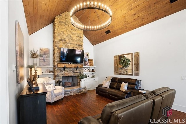 living room featuring wood ceiling, wood-type flooring, a fireplace, and high vaulted ceiling