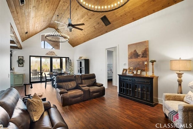 living room featuring wood ceiling, ceiling fan, dark hardwood / wood-style flooring, and high vaulted ceiling