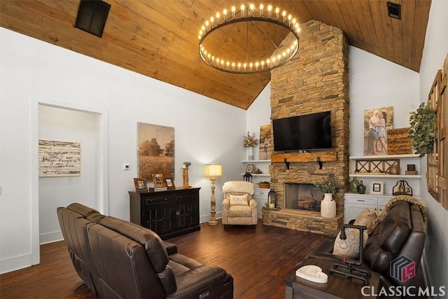 living room with dark hardwood / wood-style floors, a notable chandelier, and wood ceiling