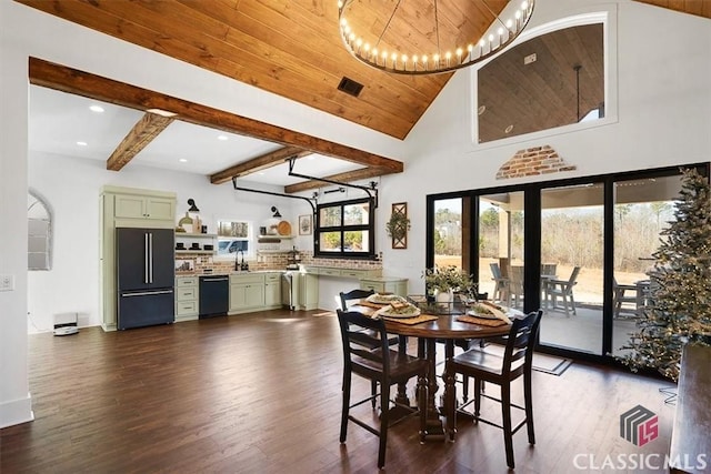 dining area with an inviting chandelier, high vaulted ceiling, dark hardwood / wood-style flooring, wooden ceiling, and beamed ceiling