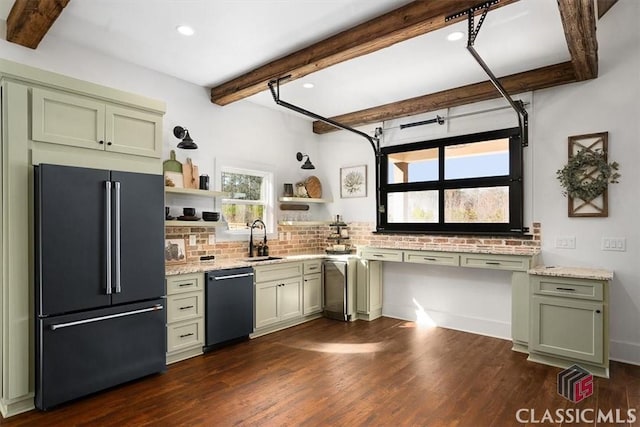 kitchen featuring green cabinetry, dark hardwood / wood-style flooring, sink, and black appliances