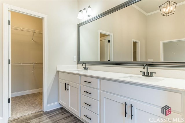 bathroom with crown molding, vanity, and hardwood / wood-style floors