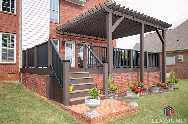 exterior space featuring a pergola and a lawn