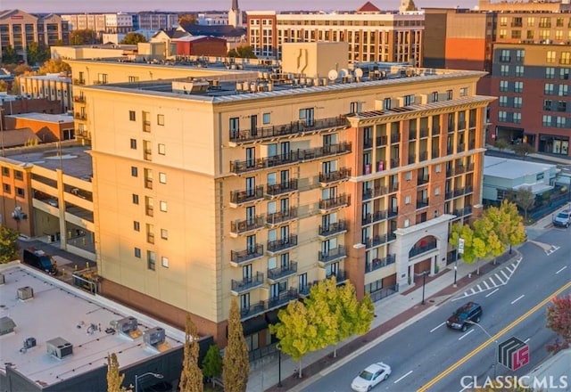 view of outdoor building at dusk