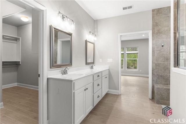 bathroom featuring hardwood / wood-style flooring and vanity