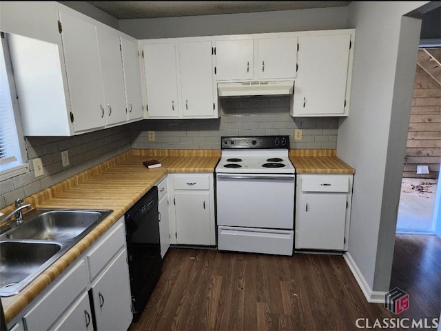 kitchen with electric stove, sink, dark hardwood / wood-style floors, black dishwasher, and white cabinets