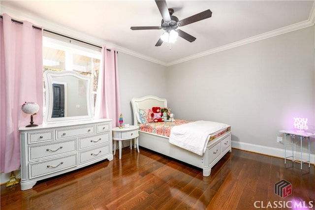 bedroom with ornamental molding, ceiling fan, and dark hardwood / wood-style flooring