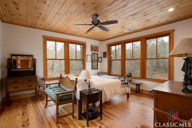 bedroom featuring crown molding, visible vents, light wood-type flooring, and wooden ceiling