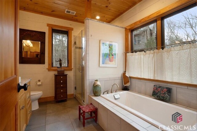 full bath with visible vents, a bath, wood ceiling, tile patterned floors, and a stall shower