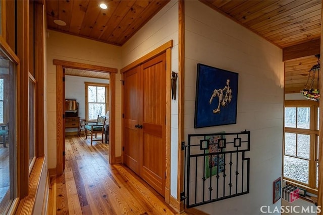 hallway featuring wood walls, wooden ceiling, and light wood-style floors