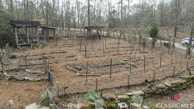 view of yard featuring exterior structure, an outdoor structure, and a garden