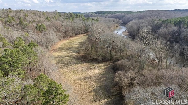 exterior space with a wooded view and a water view