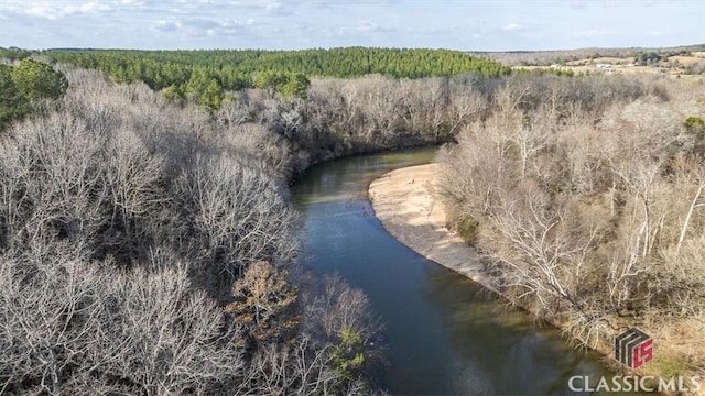 birds eye view of property with a forest view and a water view