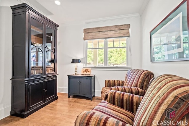 living area featuring ornamental molding and light hardwood / wood-style flooring