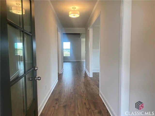 216 Montview Dr, Jefferson, GA 30549 - hallway featuring crown molding, dark wood-style flooring, and baseboards