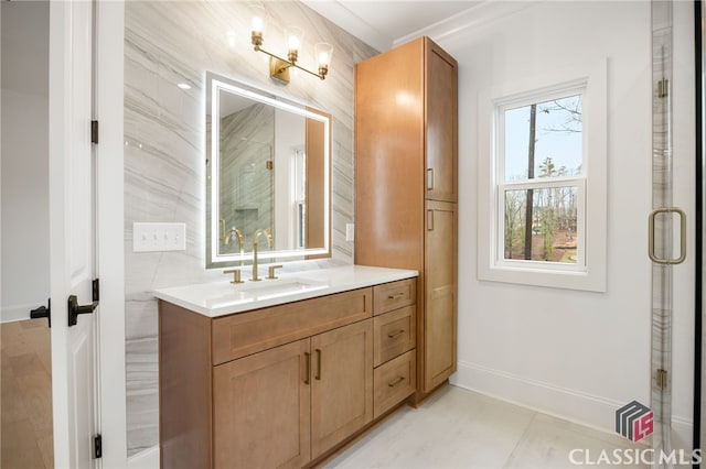 bathroom featuring tile walls and vanity