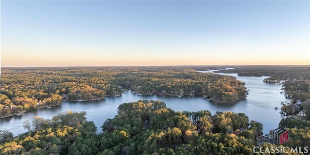 aerial view at dusk with a water view