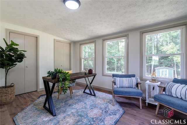 office with vaulted ceiling, wood-type flooring, and a textured ceiling