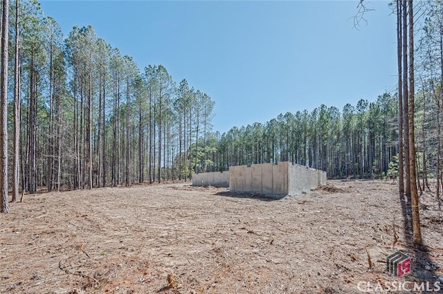 view of yard featuring a forest view