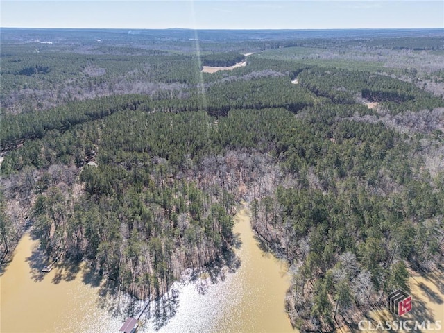 aerial view featuring a water view and a view of trees