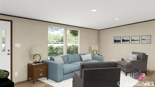 living area featuring light wood-style floors, recessed lighting, and crown molding