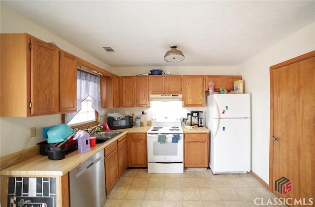 kitchen featuring white appliances and sink