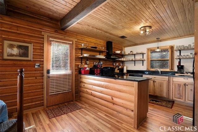 bar with island exhaust hood, log walls, light wood-style floors, a sink, and wooden ceiling