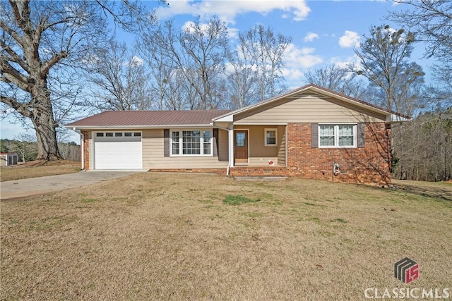 ranch-style home featuring a garage, brick siding, driveway, and a front lawn