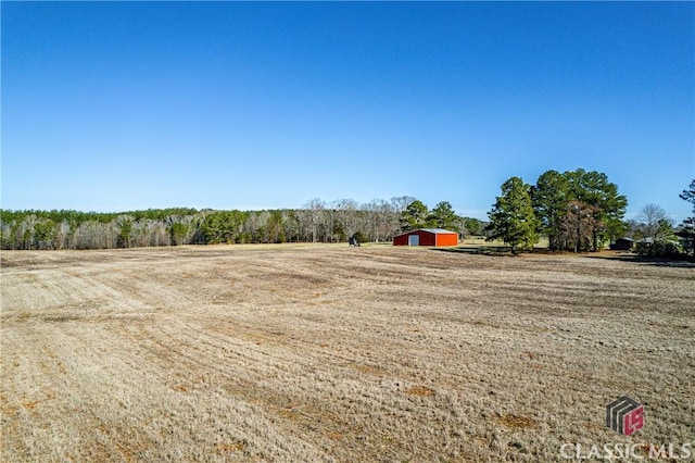 view of yard with a rural view and a detached garage