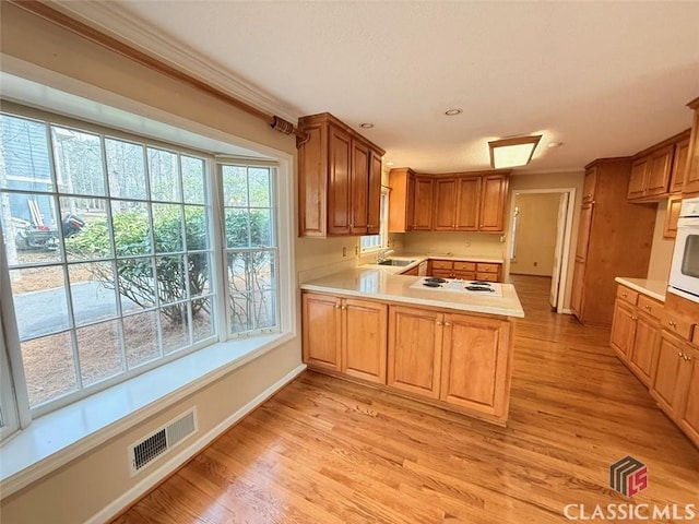 kitchen with a sink, light countertops, visible vents, and a peninsula