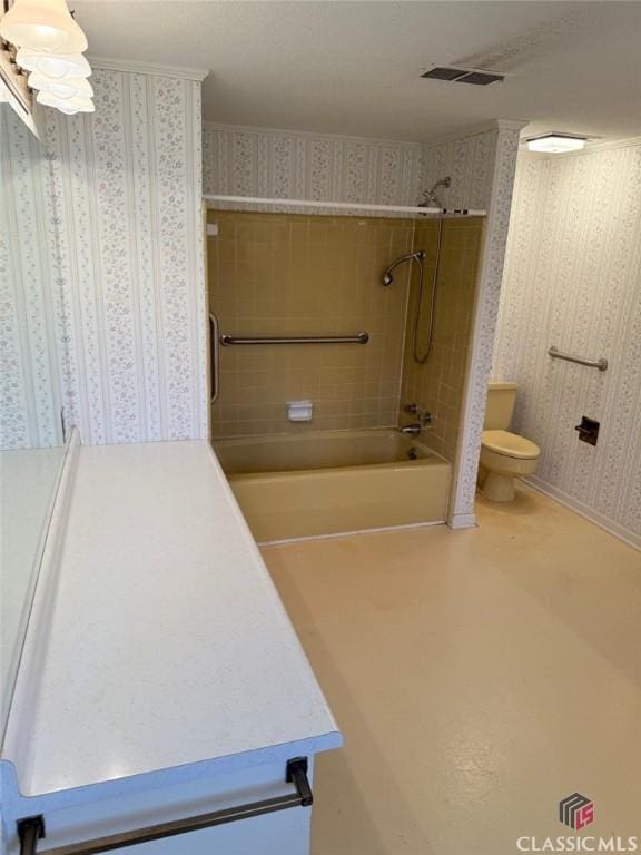 full bathroom with toilet, wallpapered walls, visible vents, and shower / bathing tub combination