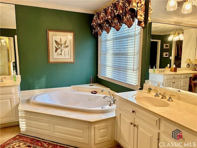 bathroom featuring a garden tub, crown molding, two vanities, and a sink