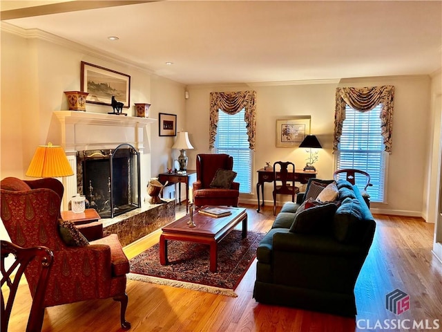 living area featuring crown molding and wood finished floors