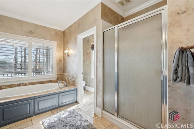 bathroom with a bath, ornamental molding, a shower stall, and visible vents