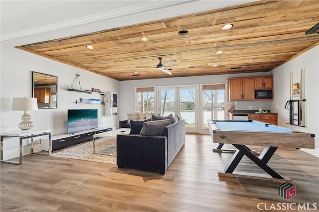 living room with ceiling fan, wooden ceiling, pool table, light wood-style floors, and french doors