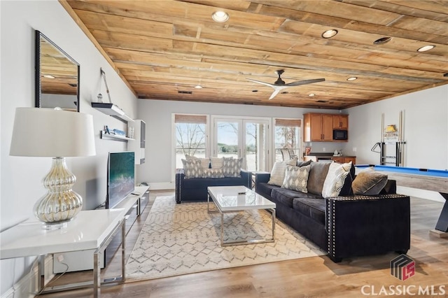 living area featuring recessed lighting, pool table, a ceiling fan, wood ceiling, and light wood-style floors