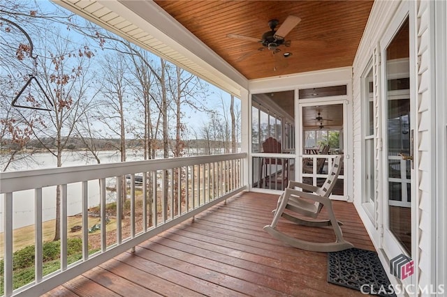 wooden deck with a water view and ceiling fan