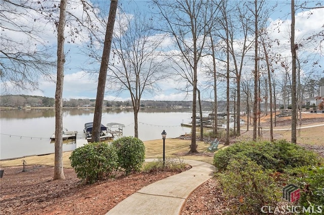 exterior space with a water view and a boat dock