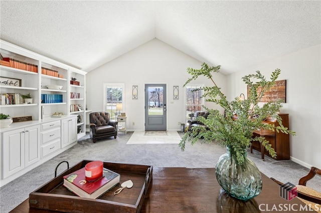 living area featuring light colored carpet, vaulted ceiling, and a textured ceiling