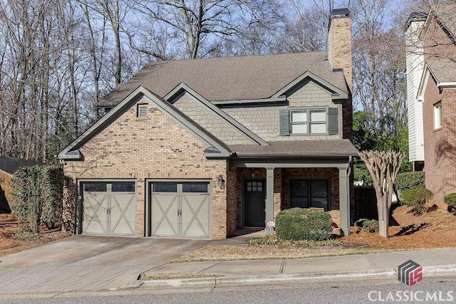 view of front of house with a garage, brick siding, a shingled roof, driveway, and a chimney