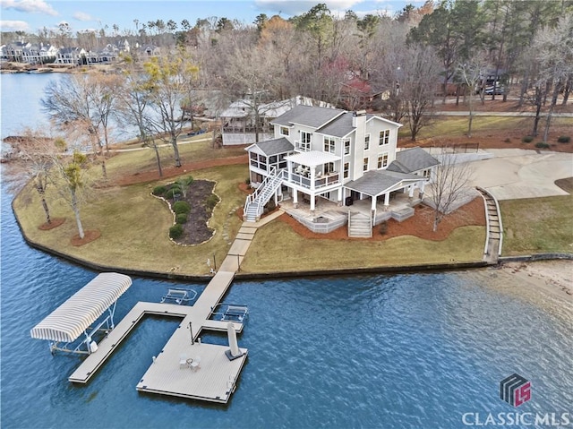 aerial view featuring a water view