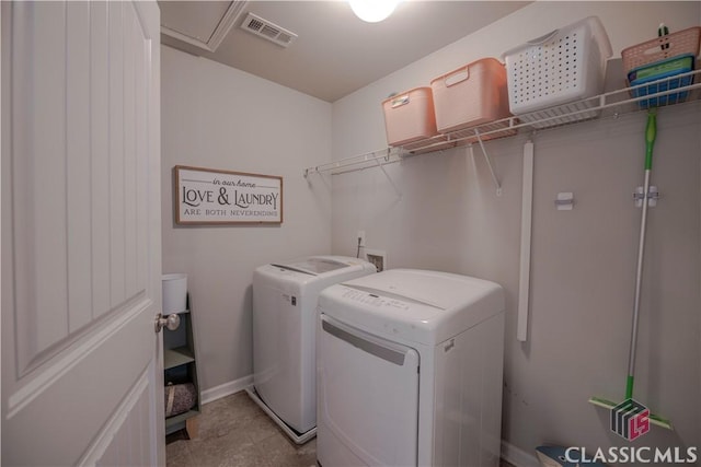 laundry area with laundry area, washing machine and dryer, visible vents, and baseboards