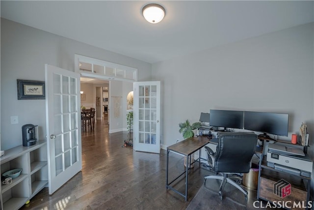 office area with french doors, wood finished floors, and baseboards