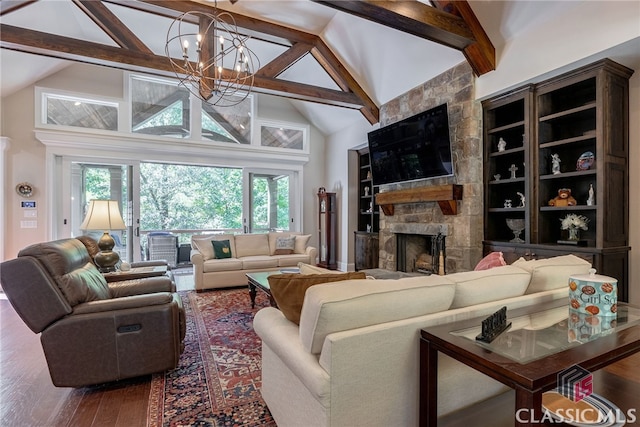 living room featuring high vaulted ceiling, a notable chandelier, a fireplace, wood finished floors, and beamed ceiling