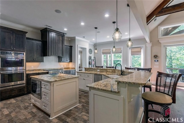 kitchen with stainless steel appliances, plenty of natural light, a large island with sink, and a sink