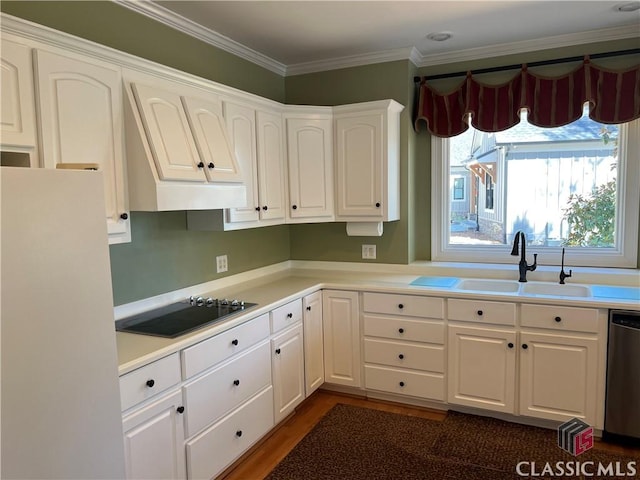 kitchen with stainless steel dishwasher, ornamental molding, white cabinetry, a sink, and black electric cooktop