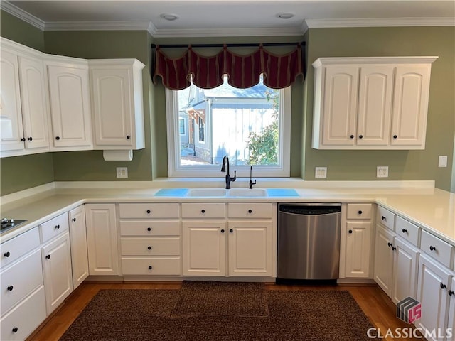 kitchen with a sink, dark wood-style flooring, white cabinets, and dishwasher